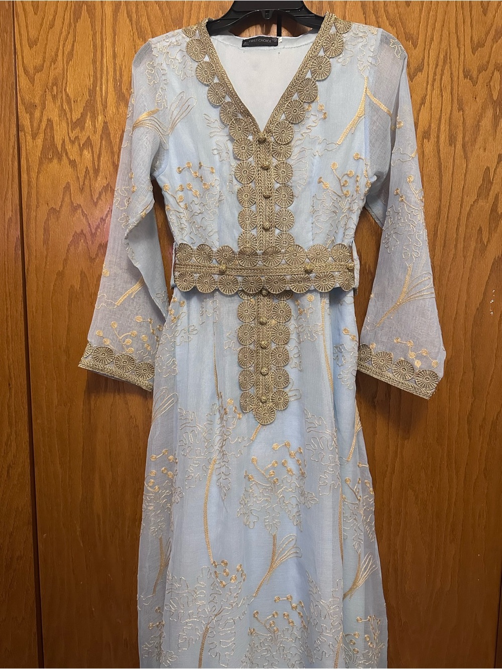 Light Blue Kuftan Embroidered Maxi with Gold Trim